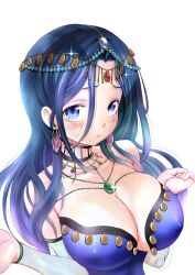 Rule 34 | 1girl, absurdres, blue eyes, blue hair, blush, breasts, circlet, collarbone, covered erect nipples, detached collar, detached sleeves, earrings, expressionless, gem, harem outfit, highres, jewelry, kido ayame (kimi wa 008), kimi wa 008, large breasts, long hair, looking at viewer, matsuena shun, necklace, official art, see-through, see-through sleeves, shiny skin, simple background, solo, tearing up, upper body, white background