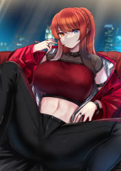 Rule 34 | 1girl, absurdres, arm strap, black collar, black pants, blue eyes, breasts, building, city, city lights, closed mouth, collar, commentary, commission, couch, covered collarbone, crop top, ear piercing, glint, heterochromia, highres, huge breasts, jacket, jewelry, kanta (kanta 077), long sleeves, looking at viewer, midriff, multiple rings, navel, night, night sky, off-shoulder jacket, off shoulder, original, pants, piercing, red eyes, red hair, red jacket, red shirt, ring, see-through, shirt, shrug (clothing), sidelocks, sitting, sky, skyline, skyscraper, solo, window, wristband