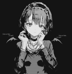 Rule 34 | 1girl, absurdres, bad id, bad twitter id, chain, chain necklace, claw ring, closed mouth, clothes writing, collar, cross, cross necklace, cuffs, ear piercing, gishiki (gshk), greyscale, hair between eyes, hair ornament, hairclip, handcuffs, highres, jewelry, long sleeves, maid headdress, monochrome, multiple rings, nail polish, necklace, original, piercing, ranguage, ring, shirt, simple background, solo, spiked collar, spikes, upper body, wings
