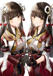 Rule 34 | 2girls, black gloves, blunt bangs, bow, breasts, brown hair, closed mouth, eyeshadow, gloves, hair bow, hair ornament, highres, hinoa, holding hands, interlocked fingers, japanese clothes, long hair, looking at viewer, makeup, medium breasts, minoto, monster hunter (series), monster hunter rise, multiple girls, pointy ears, red eyeshadow, siblings, simple background, sisters, twins, white background, wide sleeves, yellow eyes, yon (letter)