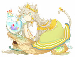 Rule 34 | 1girl, animal ears, aqua eyes, cat ears, cat tail, commentary request, fins, fish, fish tank, flower, frilled shirt, frills, gloves, glowing, glowing eyes, grey hair, hair flower, hair ornament, head wreath, ichihashi makoto, kneeling, long hair, looking at viewer, original, paw pose, puffy sleeves, seahorse, sharp teeth, shirt, short sleeves, simple background, sitting, slit pupils, solo, striped clothes, striped gloves, surreal, tail, tail flower, tail ornament, teeth, water, white background, wide sleeves