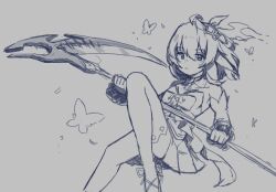 Rule 34 | 1girl, ahoge, animal, blush, bug, butterfly, detached sleeves, dress, feet out of frame, grey background, greyscale, hair between eyes, holding, holding scythe, honkai (series), honkai impact 3rd, insect, jambujok, knee up, long sleeves, looking at viewer, monochrome, parted lips, scythe, seele vollerei, seele vollerei (swallowtail phantasm), shoes, simple background, sketch, solo, strapless, strapless dress, thighhighs