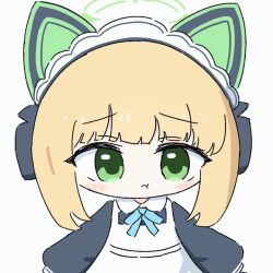 Rule 34 | 1girl, animal ear headphones, animal ears, animated, animated gif, apron, blinking, blonde hair, blue archive, blue ribbon, blush, chibi, dress, fake animal ears, green eyes, green halo, halo, headphones, long sleeves, looking at viewer, midori (blue archive), midori (maid) (blue archive), no nose, pout, puff of air, raised eyebrows, ribbon, solo, umihio, upper body, white apron