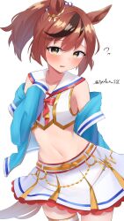Rule 34 | 1girl, animal ears, bare shoulders, belt, blue jacket, blush, bow, breasts, brown eyes, chain, check commentary, commentary, commentary request, ear ornament, gold chain, hand on own chest, highres, horse ears, horse girl, horse tail, jacket, jacket partially removed, long sleeves, looking at viewer, lryutanl, medium hair, midriff, navel, nice nature (run&amp;win) (umamusume), nice nature (umamusume), official alternate costume, official alternate hairstyle, open clothes, open jacket, parted lips, ponytail, red bow, red hair, shirt, simple background, skirt, sleeveless, sleeveless shirt, small breasts, solo, tail, thigh strap, twitter username, umamusume, white background, white shirt, white skirt, yellow belt