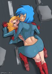 Rule 34 | 2girls, absurdres, all fours, anger vein, annoyed, artist name, ass, back, blonde hair, blue eyes, blue hair, blue pants, boots, breasts, cropped jacket, embarrassed, eyebrows, feet out of frame, female focus, from above, from behind, full body, girl on top, gloves, green eyes, hand on another&#039;s shoulder, highres, jacket, kappa mikey, legs together, lily (kappa mikey), long hair, looking at another, looking at viewer, looking back, lying, medium breasts, medium hair, mitsuki (kappa mikey), monke brush, multicolored clothes, multicolored jacket, multiple girls, nickelodeon, nipples, on back, open clothes, open jacket, open mouth, outdoors, pants, red footwear, red gloves, red jacket, spread legs, teeth, two-tone jacket, wavy mouth