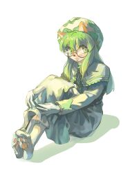 Rule 34 | 1girl, absurdres, bdddddd5, beret, capelet, cheadle yorkshire, commentary, dog girl, dress, full body, furry, furry female, glasses, gloves, green eyes, green hair, hat, highres, hugging own legs, hunter x hunter, knees up, long hair, long sleeves, looking at viewer, no shoes, paw print soles, round eyewear, simple background, sitting, smile, snout, socks, solo, symbol-only commentary, white background, white capelet, white dress, white gloves, white socks