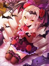 Rule 34 | 1girl, azure sky galleon, bed, blonde hair, blush, child, cup, drill hair, drinking, elbow gloves, flower, g mode, gloves, gothic lolita, hair ornament, highres, lipstick, lolita fashion, long hair, makeup, moora (soukyuu no sky galleon), pointy ears, ribbon, rose, smile, solo, soukyuu no sky galleon, thighhighs, thighs, wings, yapo (croquis side), yellow eyes, zettai ryouiki
