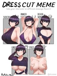 Rule 34 | 1girl, ?, absurdres, aestheticc-meme, alex (aestheticc-meme), armpits, arms up, artist name, bare shoulders, black hair, breasts, breasts apart, center opening, choker, cleavage, cleavage cutout, closed mouth, clothing cutout, clothing request, collarbone, dress, earrings, english text, green eyes, hair between eyes, highres, huge breasts, jewelry, long sleeves, meme, mole, mole on breast, mole under eye, multiple drawing challenge, navel, no bra, nude, open mouth, original, shiny skin, shirt cut meme, short hair, short sleeves, sideboob, sleeveless, teeth, twitter username, underboob