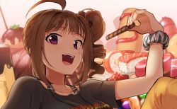 Rule 34 | 1girl, :d, arm up, black shirt, blunt bangs, blurry, brown hair, cake, candy, caviar, chocolate, chocolate bar, close-up, clothes writing, corn dog, depth of field, drill hair, fingernails, fish (food), food, holding, holding food, idolmaster, idolmaster million live!, ikura (food), kamille (vcx68), knee up, layered clothes, leaning back, looking at viewer, medium hair, nigirizushi, open mouth, pants, pastry, pudding, purple eyes, sausage, scrunchie, shirt, side ponytail, sidelocks, smile, solo, striped tank top, sushi, swiss roll, tank top, teeth, upper body, wafer stick, white background, wrist scrunchie, yellow pants, yokoyama nao