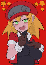 Rule 34 | 1girl, absurdres, blonde hair, blush, bodystocking, breasts, brown gloves, buzzlyears, cropped jacket, fang, gloves, green eyes, hand on own chest, hat, highres, long hair, looking at viewer, medium breasts, mega man (series), mega man legends (series), red hat, roll caskett (mega man), short sleeves, smile, solo, upper body