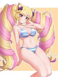 Rule 34 | 1girl, absurdres, animal ear fluff, animal ears, arm at side, bare arms, big hair, bikini, blonde hair, blue bikini, bow, breasts, cat ears, cleavage, closed mouth, curly hair, drill hair, eyelashes, feet out of frame, hair between eyes, hair bow, hand to own mouth, hand up, head tilt, highres, kamidan, large breasts, light blush, long hair, looking at viewer, mashima himeko (show by rock!!), multicolored hair, multiple hair bows, navel, pink hair, purple bow, red eyes, show by rock!!, simple background, smile, solo, strap gap, striped bikini, striped clothes, swept bangs, swimsuit, twin drills, two-tone bikini, two-tone hair, v-shaped eyebrows, very long hair, yellow background