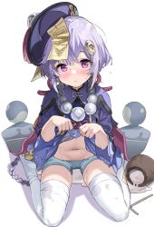 Rule 34 | 1girl, chinese clothes, coconut, commentary request, genshin impact, hair ornament, hat, highres, jar, jiangshi, kanzarin, long hair, looking at viewer, milk, navel, purple eyes, purple hair, qingdai guanmao, qiqi (genshin impact), shorts, simple background, solo, stomach, thighhighs, wet, white background, white thighhighs