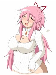 Rule 34 | 10s, 1girl, alternate costume, alternate hairstyle, blush, bow, breasts, casual, cleavage, cleavage cutout, closed eyes, clothing cutout, covered navel, fat, half updo, kaname madoka, large breasts, long hair, mahou shoujo madoka magica, mahou shoujo madoka magica (anime), meme attire, oman (evld), open-chest sweater, open mouth, pink hair, plump, ponytail, ribbed sweater, ribbon, smile, solo, sweater, turtleneck, twintails, wide hips