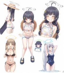 Rule 34 | 4girls, ahoge, arms behind back, arms up, ass, bikini, black footwear, black hair, black headwear, blue archive, blue eyes, blue halo, blue one-piece swimsuit, braid, breast lift, breasts, brown headwear, bucket hat, casual one-piece swimsuit, cleavage, closed eyes, closed mouth, collarbone, cropped legs, cropped torso, drooling, envyvanity, flying sweatdrops, frilled one-piece swimsuit, frills, from behind, full body, green halo, grey halo, grin, hair over shoulder, halo, halterneck, hat, hat on back, highres, invisible chair, large breasts, leaf, leaf on head, leaf print, light brown hair, long hair, looking at viewer, medium breasts, miyako (blue archive), miyako (swimsuit) (blue archive), miyu (blue archive), miyu (swimsuit) (blue archive), moe (blue archive), moe (swimsuit) (blue archive), mouth drool, multiple girls, navel, off-shoulder one-piece swimsuit, off shoulder, official alternate costume, one-piece swimsuit, open mouth, parted lips, print bikini, purple hair, rabbit platoon (blue archive), red eyes, saki (blue archive), saki (swimsuit) (blue archive), short hair, side-tie bikini bottom, simple background, sitting, small breasts, smile, straw hat, swimsuit, twin braids, twintails, very long hair, white background, white bikini, white hair, yellow eyes, yellow halo