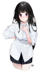 Rule 34 | 1girl, alternate costume, arm behind back, artist logo, black hair, black skirt, blush, borrowed clothes, breast pocket, breasts, buttons, chitanda eru, closed mouth, collared shirt, cropped legs, dress shirt, frown, hand up, highres, hyouka, large breasts, leaning forward, long hair, looking at viewer, mery (yangmalgage), miniskirt, pleated skirt, pocket, purple eyes, school uniform, shirt, sidelocks, simple background, skirt, sleeves rolled up, solo, sweat, thighs, untucked shirt, white background, white shirt