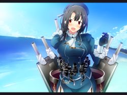 Rule 34 | 10s, 1girl, black gloves, black hair, blue sky, blush, breasts, cannon, cloud, day, garter straps, gloves, hat, highres, island, jacket, kadokawa games, kantai collection, large breasts, military jacket, ocean, open mouth, personification, red eyes, shinoji (shin status), short hair, skirt, sky, solo, takao (kancolle), turret, water
