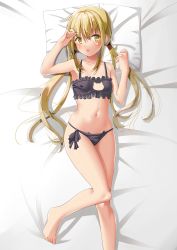 Rule 34 | 1girl, amano miyako, barefoot, bed, black bra, black panties, blonde hair, bra, cat cutout, cat ear panties, cat lingerie, cleavage cutout, clothing cutout, feet out of frame, frilled bra, frills, highres, kantai collection, long hair, lying, meme attire, panties, pillow, satsuki (kancolle), side-tie panties, solo, twintails, underwear, underwear only, yellow eyes