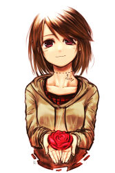Rule 34 | 1girl, absurdres, brown eyes, brown hair, camellia, collarbone, cut-here line, dotted line, english text, flower, highres, holding, holding flower, hood, hoodie, kotoba noriaki, original, purple eyes, red flower, rose, short hair, simple background, smile, solo, swept bangs, upper body, white background