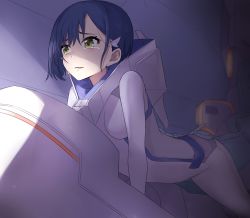 Rule 34 | 10s, 1girl, absurdres, all fours, blue hair, blush, bodysuit, breasts, commentary request, crying, crying with eyes open, darling in the franxx, green eyes, hair between eyes, highres, ichigo (darling in the franxx), ichijou (kr neru0), looking away, medium breasts, parted lips, pilot suit, short hair, solo, tears, white bodysuit