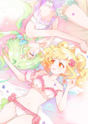 Rule 34 | aikatsu! (series), aikatsu stars!, aqua bloomers, armpit crease, babydoll, bare arms, bare legs, bare shoulders, bed sheet, bellflower, blonde hair, bloomers, blue eyes, blue ribbon, blush, bra, breasts, collarbone, commentary, detached sleeves, fetal position, flower, flower panties, flower request, four-leaf clover necklace, frilled bra, frilled panties, frills, futaba aria, gradient hair, green hair, hair flower, hair ornament, hair ribbon, highres, leaf hair ornament, lingerie, lips, long hair, looking at another, low twintails, lying, midriff, multicolored eyes, multicolored hair, nail polish, navel, nijino yume, on back, on side, orange eyes, panties, pink bra, pink eyes, pink flower, pink hair, pink lips, pink nails, pink panties, pink rose, popoin, purple babydoll, purple nails, ribbon, rose, see-through, see-through sleeves, sideways mouth, single sleeve, small breasts, smile, spaghetti strap, stomach, strap slip, thigh gap, twintails, underwear, underwear only, yuri