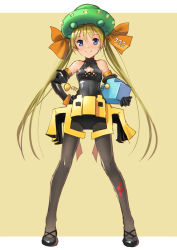 Rule 34 | 1girl, black gloves, black pantyhose, blonde hair, blue eyes, breasts, cleavage, cleavage cutout, clothing cutout, elbow gloves, full body, gloves, hair ribbon, hand on own hip, hat, katahira masashi, long hair, looking at viewer, outside border, pantyhose, personification, ribbon, sketch, smile, solo, space invaders, ufo