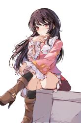Rule 34 | 1girl, absurdres, black hair, boots, closed mouth, full body, high heel boots, high heels, highres, houraisan kaguya, long hair, long sleeves, looking at viewer, orchid (orukido), pink shirt, red eyes, red skirt, shirt, simple background, sitting, skirt, smile, solo, touhou, white background
