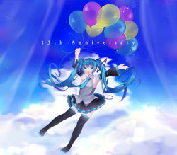 Rule 34 | 1girl, :o, absurdly long hair, anniversary, aqua eyes, aqua hair, aqua necktie, artist name, artist request, balloon, bare shoulders, black footwear, black skirt, black sleeves, black thighhighs, blue eyes, blue hair, blue necktie, blue sky, boots, breasts, cloud, collarbone, collared shirt, day, detached sleeves, female focus, floating, floating hair, frilled shirt collar, frills, full body, grey shirt, hair between eyes, hair ornament, hatsune miku, highres, holding, holding balloon, long hair, looking at viewer, miniskirt, nail polish, natsuki shiki, necktie, on cloud, outdoors, outstretched arm, parted lips, pleated skirt, shirt, skirt, sky, sleeveless, sleeveless shirt, sleeves past wrists, small breasts, smile, solo, standing, standing on one leg, thigh boots, thighhighs, tie clip, twintails, very long hair, vocaloid, wide sleeves, wing collar, zettai ryouiki