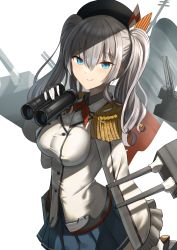Rule 34 | 1girl, absurdres, beret, binoculars, black hat, black skirt, blue eyes, breasts, cannon, epaulettes, from side, gloves, grey hair, hair between eyes, hana hebi, hat, highres, holding, holding binoculars, jacket, kantai collection, kashima (kancolle), large breasts, long sleeves, looking at viewer, military jacket, neckerchief, pleated skirt, red neckerchief, sidelocks, simple background, skirt, smokestack, solo, turret, twintails, wavy hair, white background, white gloves, white jacket