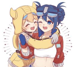 2girls autobot blonde_hair blue_eyes blue_hair blush breasts bumblebee_(kotobukiya_bishoujo)_(transformers) bumblebee_(transformers) closed_eyes crop_top double_bun eyewear_on_head fingerless_gloves glasses gloves hair_behind_ear hair_bun highres hug jacket jewelry kotobukiya_bishoujo multiple_girls necklace optimus_prime optimus_prime_(kotobukiya_bishoujo) red_jacket shirt short_hair smile suo_(kikurageinu28) transformers transformers:_generation_1