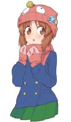 Rule 34 | 10s, 1girl, :o, anglerfish, beanie, blue coat, blush, brown eyes, brown hair, coat, commentary, cowboy shot, cropped torso, emblem, fish, fish hat, girls und panzer, hat, long sleeves, looking at viewer, miniskirt, mittens, monolith (suibou souko), nishizumi miho, ooarai (emblem), ooarai school uniform, open mouth, pink hat, pink mittens, pink scarf, pleated skirt, scarf, school uniform, short hair, simple background, skirt, solo, standing, white background, winter uniform
