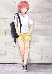 Rule 34 | 1girl, alternate costume, black bag, black footwear, commentary request, full body, highres, jewelry, kantai collection, kinu (kancolle), looking to the side, nakano kiho, necklace, pants, red eyes, red hair, shirt, shoes, short hair, short sleeves, shorts, smile, sneakers, solo, thighs, white shirt, yellow pants