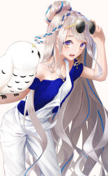 Rule 34 | 1girl, bare shoulders, bird, blue hair, blue shirt, blush, braid, breasts, collarbone, earrings, eyewear on head, fate/grand order, fate (series), grey hair, highres, jewelry, long hair, looking at viewer, medium breasts, multicolored hair, necklace, off-shoulder shirt, off shoulder, open mouth, oriuo q, overalls, owl, ponytail, pope joan (event portrait) (fate), pope joan (fate), purple eyes, round eyewear, shirt, short sleeves, sidelocks, sunglasses, two-tone hair, very long hair, white overalls