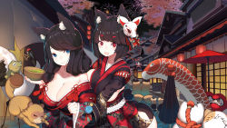Rule 34 | 2girls, :d, aerial fireworks, anger vein, animal, animal ear fluff, animal ears, architecture, azur lane, bare shoulders, black hair, black kimono, blue eyes, blush, breasts, cat ears, cat mask, cleavage, closed mouth, commentary request, daruma doll, east asian architecture, fireworks, frog, fusou (azur lane), highres, holding, japanese clothes, kimono, lantern, large breasts, long hair, long sleeves, mask, mask on head, multiple girls, night, night sky, off shoulder, oil-paper umbrella, open mouth, outdoors, paper lantern, parasol, print kimono, rain lan, red eyes, red umbrella, sideboob, sky, sleeves past wrists, smile, standing, umbrella, wide sleeves, yamashiro (azur lane)
