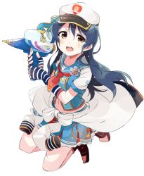 Rule 34 | 10s, 1girl, blue hair, blush, brown eyes, clothes around waist, fingerless gloves, gloves, hat, jacket, jacket around waist, kneeling, long hair, love live!, love live! school idol festival, love live! school idol project, midriff, military hat, military jacket, navel, simple background, solo, sonoda umi, striped clothes, striped gloves, totoki86, water gun, white background