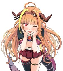 Rule 34 | 1girl, ahoge, blonde hair, blunt bangs, blush, bow, braid, breasts, cleavage, cleavage cutout, clothing cutout, dragon tail, gem, hair intakes, hairband, hands on own face, haniwa (leaf garden), highres, hololive, horn bow, horn ornament, horns, kiryu coco, kiryu coco (1st costume), leaning forward, long hair, looking at viewer, multicolored hair, one eye closed, orange eyes, orange hair, pleated skirt, pointy ears, single thighhigh, skirt, solo, standing, star (symbol), streaked hair, tail, thigh gap, thighhighs, tongue, tongue out, transparent background, upper body, virtual youtuber