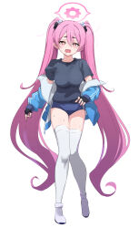 Rule 34 | 1girl, absurdres, blue archive, breasts, buruma, drooling, fingerless gloves, full body, gears, gloves, gluteal fold, hair between eyes, halo, highres, jacket, jogging, koyuki (blue archive), long bangs, long hair, medium breasts, open mouth, pink eyes, pizzasi, short eyebrows, simple background, solo, star-shaped pupils, star (symbol), straight-on, sweat, symbol-shaped pupils, thick eyebrows, thigh gap, thighhighs, track jacket, twintails, very long hair, white background