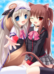 Rule 34 | 2girls, animal ears, bell, neck bell, blue eyes, bow, brown hair, cat ears, cat tail, choker, collar, dog ears, fang, hat, heart, jingle bell, little busters!, long hair, multiple girls, natsume rin, noumi kudryavka, one eye closed, open mouth, pink bow, red eyes, tail, thighhighs, very long hair, wink, yokuran