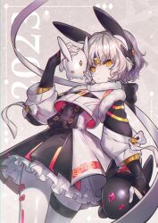 Rule 34 | 1girl, 2023, absurdres, alternate costume, android, animal ears, black dress, chinese zodiac, closed mouth, commentary, dress, elsword, eve (elsword), expressionless, facial mark, fake animal ears, floating, forehead jewel, gem, grey hair, highres, lenmue0, long sleeves, looking at viewer, moby (elsword), pale skin, pantyhose, rabbit ears, remy (elsword), robot, short hair, two-tone dress, white dress, white pantyhose, year of the rabbit, yellow eyes