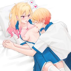 Rule 34 | 1boy, 1girl, 2 (tsvf3235), blonde hair, bra, breasts, brother and sister, closed eyes, hetero, incest, licking, licking nipple, long hair, lying, multicolored hair, nipple stimulation, nipples, open clothes, open mouth, open shirt, pillow, pink bra, pink eyes, pink hair, project sekai, sex, short hair, siblings, skirt, small breasts, tenma saki, tenma tsukasa, tongue, tongue out, underwear, white skirt