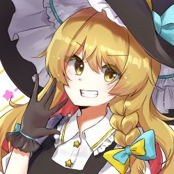Rule 34 | 1girl, adapted costume, ameria (artist), black gloves, black hat, black vest, blonde hair, blue bow, blush, bow, braid, buttons, collared shirt, frilled hat, frilled shirt collar, frills, gloves, grin, hat, hat bow, highres, kirisame marisa, long hair, puffy short sleeves, puffy sleeves, shirt, short sleeves, single braid, smile, star-shaped pupils, star (symbol), symbol-shaped pupils, touhou, v-shaped eyebrows, vest, white shirt, witch hat, yellow bow, yellow eyes