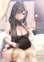Rule 34 | 1boy, 1girl, akuakuran, azur lane, black dress, blush, breasts, charybdis (azur lane), charybdis (red chamber of healing) (azur lane), cleavage, dress, ear cleaning, earrings, fur, grey eyes, grey hair, hand on own head, highres, holding, jewelry, lap pillow, large breasts, long hair, looking at another, looking down, lying on person, mimikaki, official alternate costume, sitting, thighhighs, yellow thighhighs