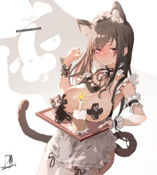 Rule 34 | 1girl, animal ears, apron, blush, breast rest, breasts, candle, carried breast rest, carrying, cat, cat ears, cat tail, dm (dai miao), frills, highres, large breasts, maid, maid apron, maid headdress, original, pasties, red eyes, revealing clothes, tail, thighs, tray, white legwear