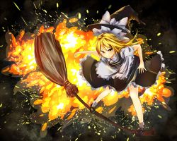 Rule 34 | 1girl, action, apron, blonde hair, broom, broom surfing, dqn (dqnww), dress, explosion, female focus, hat, hat ribbon, kirisame marisa, long hair, ribbon, solo, touhou, waist apron, witch, witch hat, yellow eyes