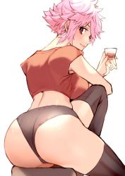 Rule 34 | 1girl, ass, ass focus, black thighhighs, blush, breasts, code vein, cup, drinking glass, female protagonist (code vein), from behind, large breasts, looking at viewer, looking back, midriff, pink hair, purple eyes, shishamo 712, short hair, shot glass, simple background, solo, spiked hair, thighhighs, very short hair, white background