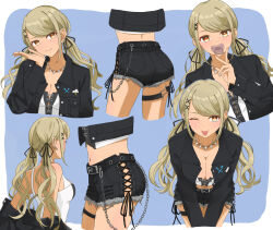 Rule 34 | 1girl, belt, belt buckle, black belt, black jacket, black ribbon, black shorts, blonde hair, border, breasts, buckle, buttoned cuffs, buttons, chain, cleavage, earrings, fang, fang out, floating hair, fnokanata, grey background, hair ornament, hair ribbon, highres, jacket, jewelry, kaminari qpi, kaminari qpi (3rd costume), leaning forward, lightning bolt earrings, lightning bolt symbol, long hair, looking at viewer, medium breasts, midriff, navel, open clothes, open jacket, orange eyes, outside border, ribbon, shirt, short shorts, shorts, shoulder blades, sleeveless, sleeveless shirt, stomach, swept bangs, thigh strap, tongue, tongue out, twintails, virtual youtuber, vspo!, white border, white shirt, x hair ornament