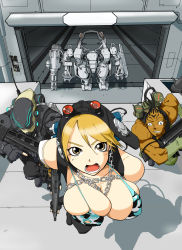 Rule 34 | 1girl, 2boys, bare shoulders, bikini, bikini top only, blonde hair, blush, bouncing breasts, breasts, brown eyes, capcom, chain, cleavage, from above, gloves, helmet, highres, large breasts, lost planet, lost planet 2, mecha, multiple boys, open mouth, robot, running, source request, swimsuit, weapon