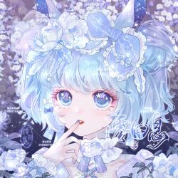 Rule 34 | 1girl, animal ears, blue bow, blue eyes, blue hair, blue nails, blue ribbon, bow, carnation, chinese commentary, choker, collarbone, commentary request, commission, criss-cross straps, double bun, eyelashes, finger to mouth, floral background, flower, flower choker, frilled bow, frilled choker, frills, gradient background, hair bow, hair bun, hair flower, hair ornament, hairclip, light blush, lipstick, looking at viewer, makeup, mioda xi, multiple hair bows, nail polish, neck ribbon, original, parted lips, purple background, purple bow, rabbit ears, red lips, ribbon, short hair, solo, sparkle, striped bow, teeth, two side up, upper body, watermark, weibo logo, weibo watermark, white bow, white choker, white flower, white wrist cuffs, wrist bow, wrist cuffs