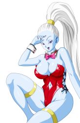 Rule 34 | 10s, 1girl, angel (dragon ball), animal ears, blue skin, breasts, cleavage, collar, colored skin, colored tongue, dannyjs611, dragon ball, dragon ball super, eyelashes, hair ornament, high heels, high ponytail, huge breasts, large breasts, leotard, lipstick, long hair, makeup, open mouth, playboy bunny, ponytail, purple eyes, purple lips, rabbit tail, shiny skin, simple background, sitting, smile, solo, tail, tongue, vados (dragon ball), white background, white hair
