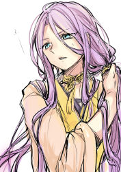 Rule 34 | 10s, 1boy, bad id, bad pixiv id, blue eyes, hachisuka kotetsu, japanese clothes, long hair, male focus, parted lips, purple hair, simple background, sketch, solo, sweat, tobi (one), touken ranbu, upper body, very long hair, white background