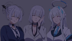 Rule 34 | 3girls, absurdres, bandaged neck, bandages, black choker, blue archive, blue necktie, breasts, business suit, choker, collared shirt, crossover, cyka, formal, girls&#039; frontline, grey eyes, grey hair, grey suit, halo, headgear, highres, itokonoue kaoru, large breasts, licking lips, looking at viewer, mechanical halo, multiple girls, necktie, noa (blue archive), official alternate costume, project kv, purple eyes, purple shirt, rpk-16 (girls&#039; frontline), rpk-16 (renate) (girls&#039; frontline), shirt, smile, suit, tongue, tongue out, trait connection, white halo, white shirt, white suit